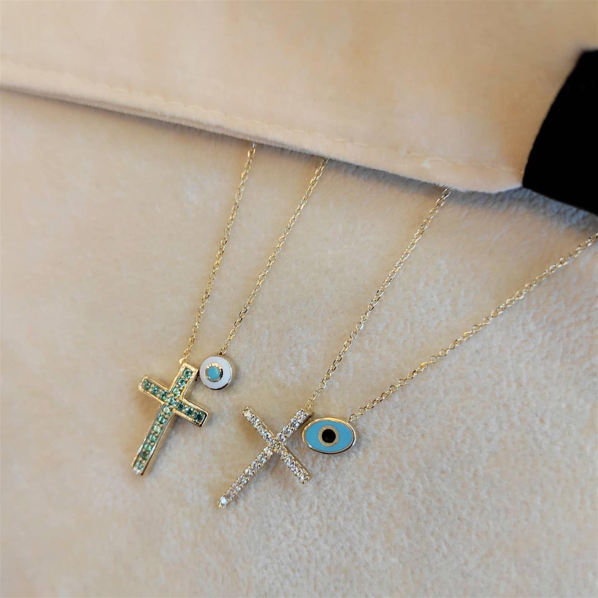 Χρυσός Σταυρός με Γαλάζιες Πέτρες Zircon & Ματάκι στην Αλυσίδα 14 Καράτια