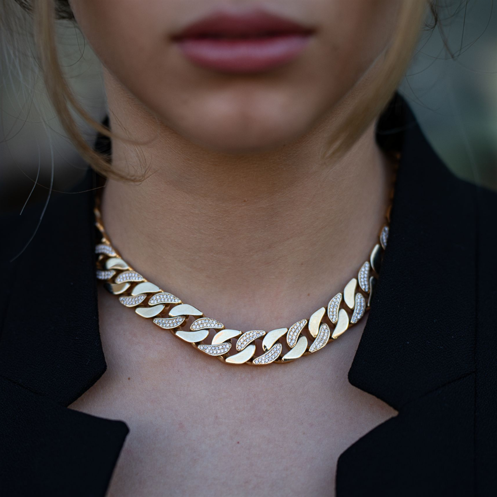 14K gold chain, Cuban link necklace, Italian design jewelry, luxury gold chain, stone-set chain, gold Cuban link 14K, premium jewelry, white stone necklace,χρυσή αλυσίδα 14Κ, Cuban link αλυσίδα, ιταλικός σχεδιασμός, luxury κοσμήματα, αλυσίδα με πέτρες, χρ