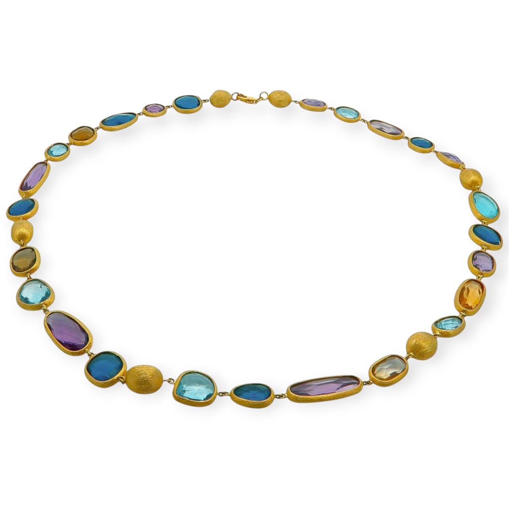 κολιέ, ορυκτές πέτρες, χρωματιστές πέτρες, χρυσό Κ14, ματ φινίρισμα, αμέθυστος, London Blue Topaz, Citrine, Aquamarine, 45cm, κομψό, χειροποίητο, σετ κοσμημάτων, βραχιόλι, δώρο, premium, πολυχρωμο, elegant, fashion, γυναικείο κοσμήμα, μοναδικό σχέδιο, δια