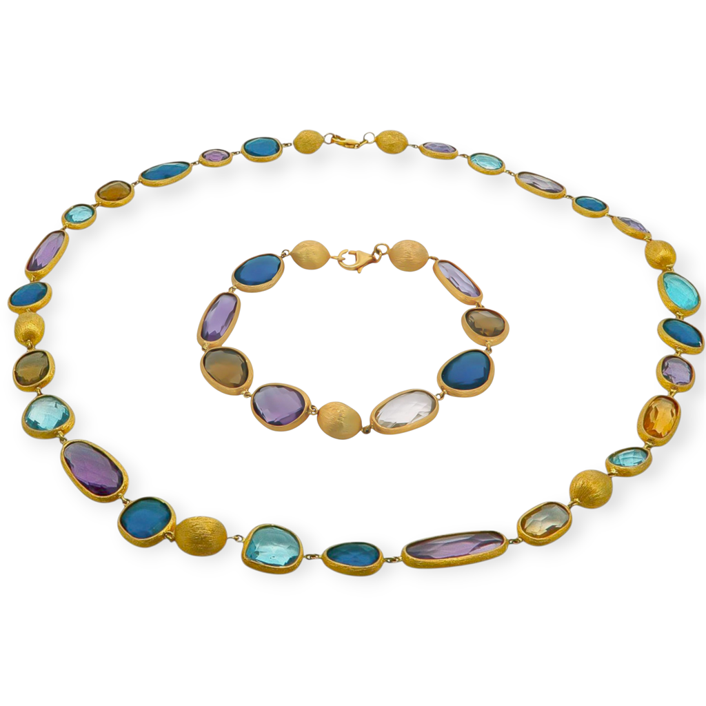 κολιέ, ορυκτές πέτρες, χρωματιστές πέτρες, χρυσό Κ14, ματ φινίρισμα, αμέθυστος, London Blue Topaz, Citrine, Aquamarine, 45cm, κομψό, χειροποίητο, σετ κοσμημάτων, βραχιόλι, δώρο, premium, πολυχρωμο, elegant, fashion, γυναικείο κοσμήμα, μοναδικό σχέδιο, δια