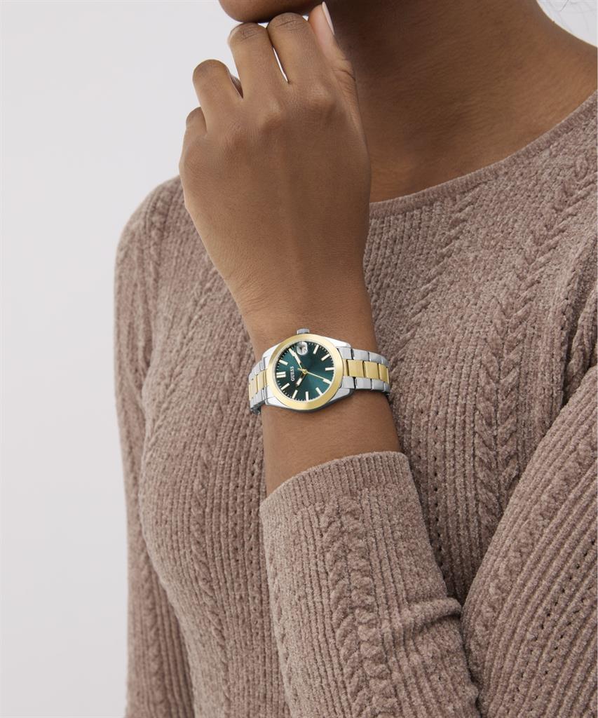 GUESS, Alice, Two Tone, Stainless Steel, Bracelet, GW0934L3, πολυτελές, δίχρωμο, χρυσό, ασημί, βραχιόλι, γυναικείο, ανοξείδωτο ατσάλι, minimal, μοντέρνο, πράσινο καντράν, χρυσοί δείκτες, ακριβείας, quartz, κομψότητα, στυλ, εκλεπτυσμένο, διακριτική, καθημε