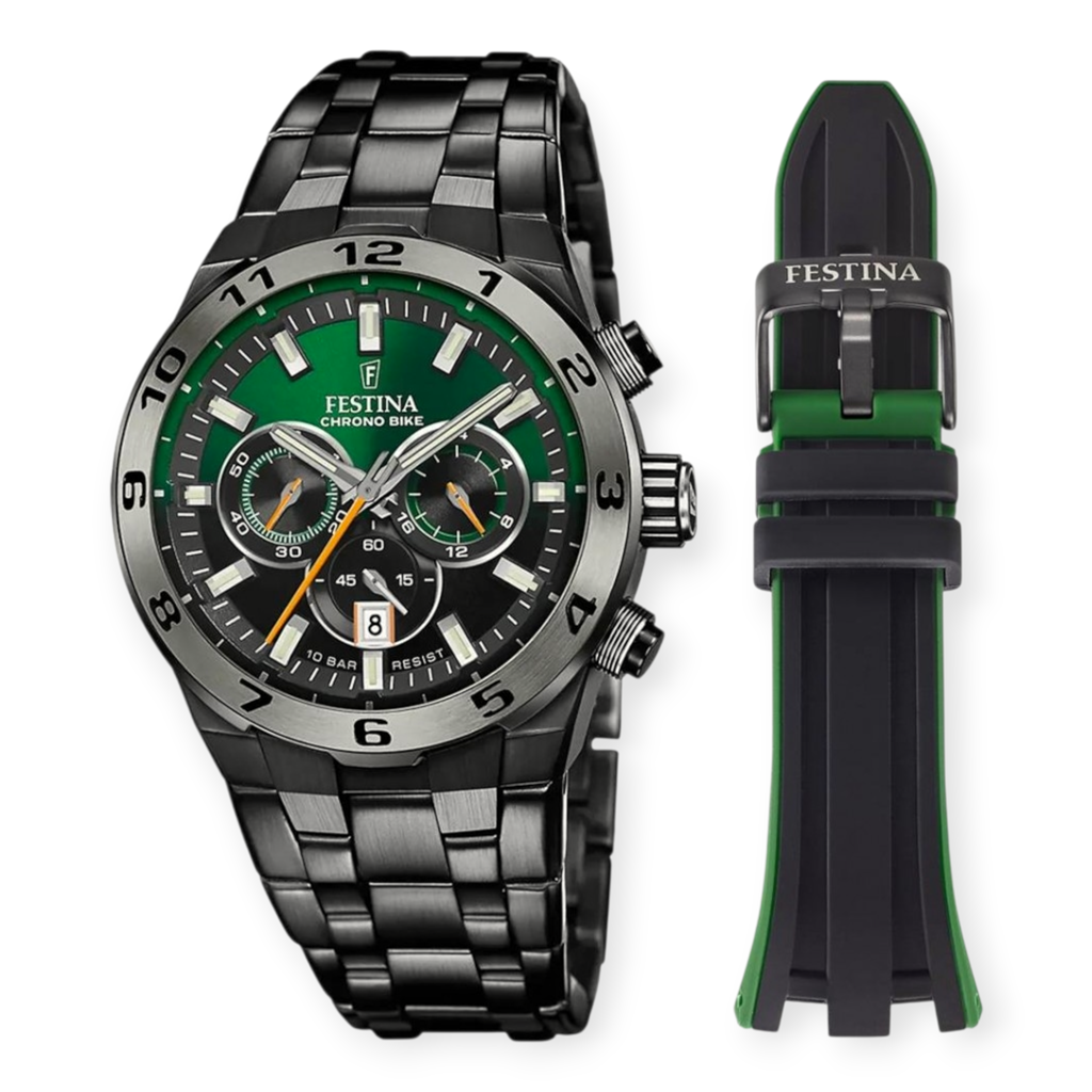 Festina, Chrono Bike, Special Edition, ανδρικό ρολόι, χρονογράφος, ανοξείδωτο ατσάλι, μαύρο πράσινο, ντεγκραντέ καντράν, 44,5mm, αδιάβροχο 100m, gift box, extra λουράκι.