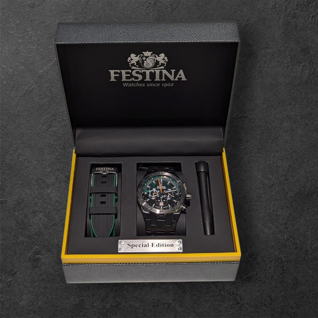 Festina, Chrono Bike, Special Edition, ανδρικό ρολόι, χρονογράφος, ανοξείδωτο ατσάλι, μαύρο πράσινο, ντεγκραντέ καντράν, 44,5mm, αδιάβροχο 100m, gift box, extra λουράκι.
