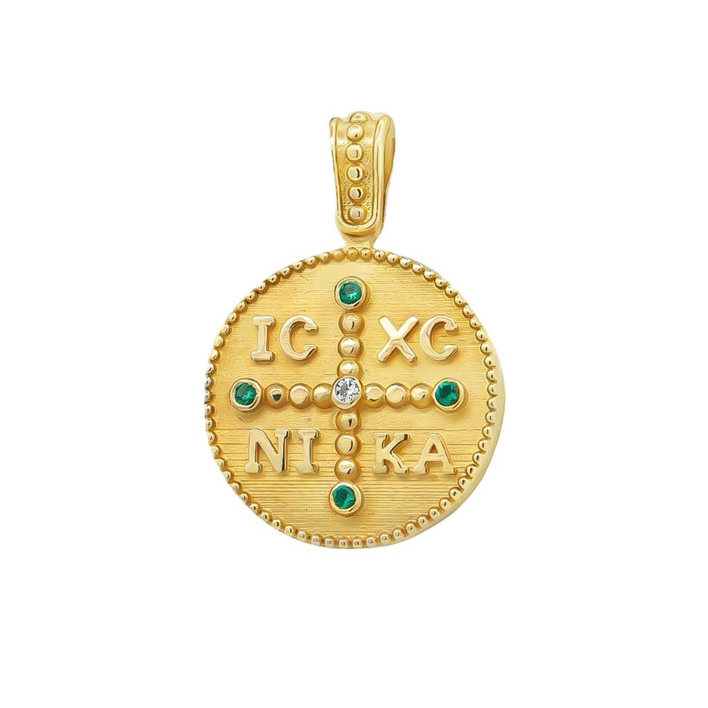 K14 Gold Constantinato Round with Green Stones